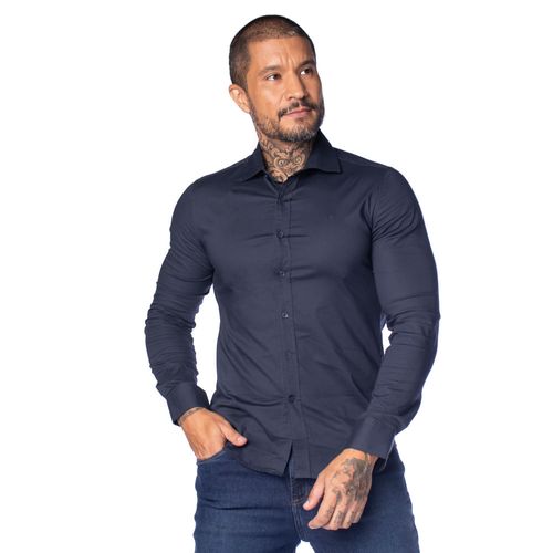 Camisa Masculina Dixie Slim Fit Tecido Leve Punho Reto Marinho
