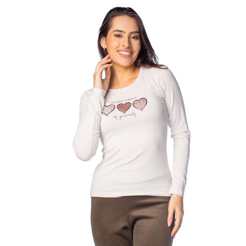 Blusa Feminina Feliny Manga Longa Coração Off White
