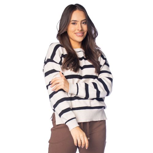Blusa Tricot Feminina Mochine Listrada Bege/Preto