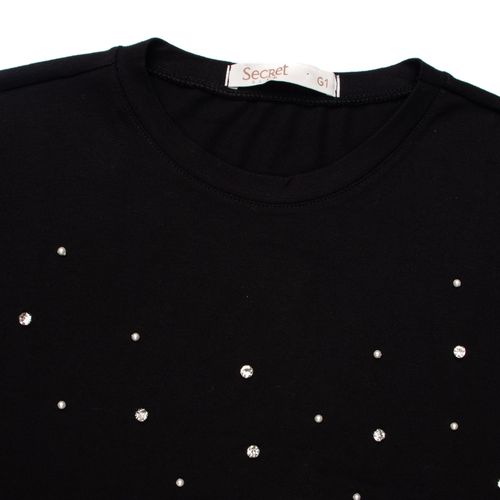 Blusa Feminina Rovitex Plus Size Pedrarias Brilhosas Malha Preta