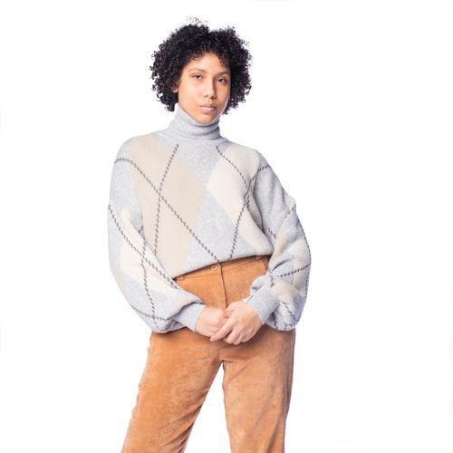 Blusa Feminina Biamar Tricot Padrão Geométrico Cinza/Bege