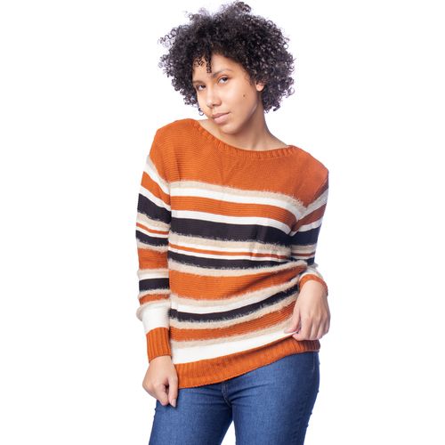 Blusa Feminina Oliveira Malhas Tricot Listras Caramelo