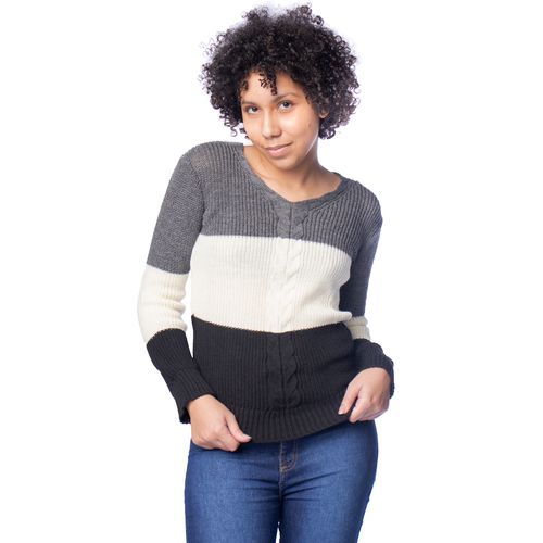 Blusa Feminina Oliveira Malhas Tricot Cinza/Bege/Preto