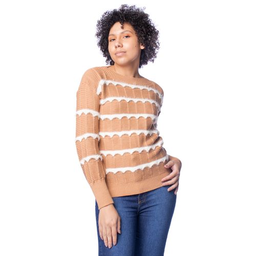 Blusa Feminina Oliveira Malhas Tricot Listras Bege/Branco