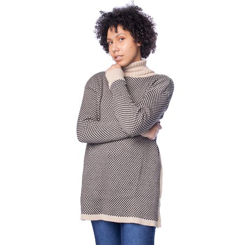 Blusa Feminina Oliveira Malhas Tricot Gola Alta Areia/Preto
