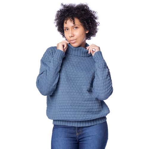 Blusa Feminina Oliveira Malhas Tricot Gola Alta Azul