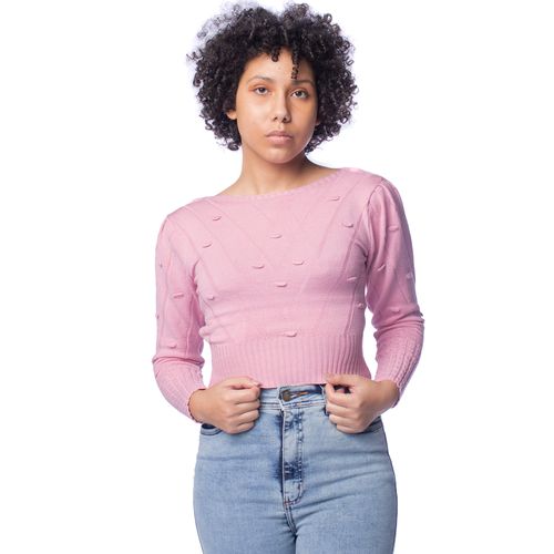 Blusa Feminina Oliveira Malhas Cropped Tricot Bufante Rosa
