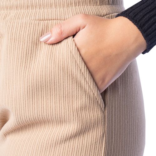 Calça Feminina Facinelli Reta Cotelê Bolsos Cadarço Bege