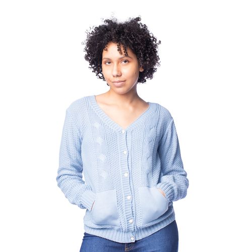 Casaco Feminino Oliveira Malhas Tricot Tranças Azul Claro