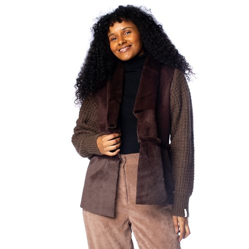 Casaco Feminino Biamar Tricot Detalhes Pelo/Suede Marrom