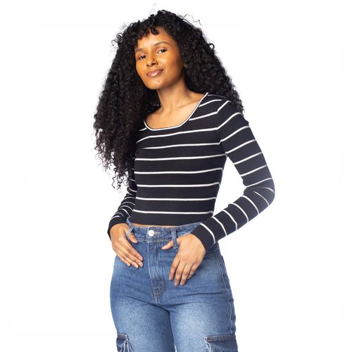 Blusa Feminina Blue Rose Cropped Preto/Branco