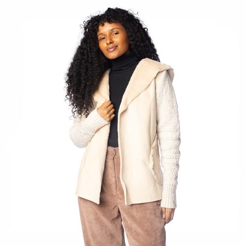 Casaco Feminino Biamar Tricot Detalhes Pelo/Suede Bege Claro