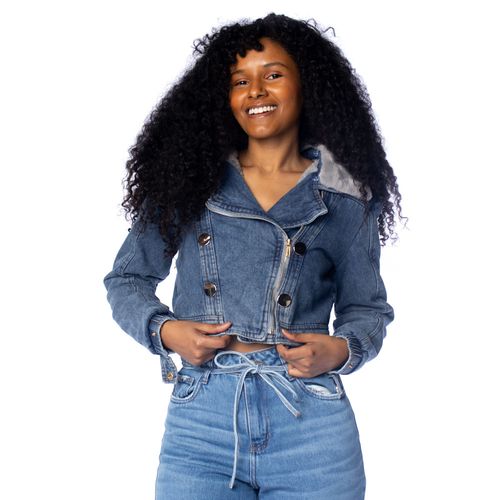 Jaqueta Jeans Feminina Blue Rose Gola Peluciada Azul Claro