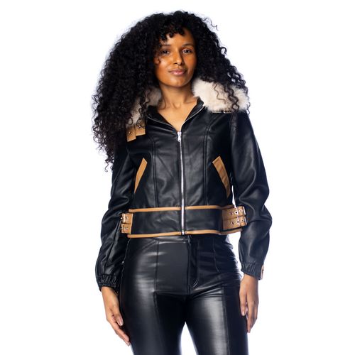Jaqueta Feminina Blue Rose Gola Alta Peluciada Preto/Caqui