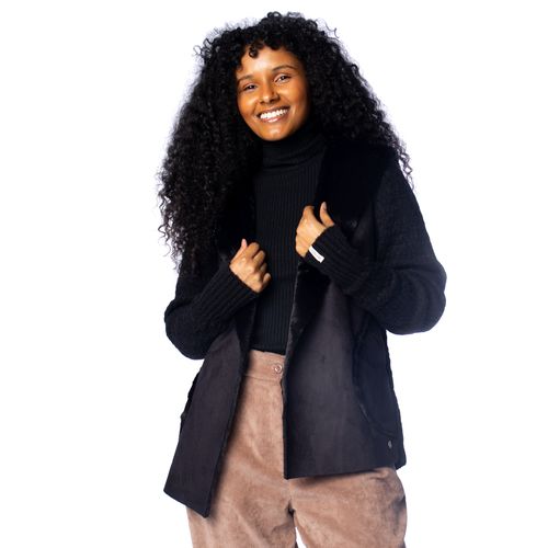 Casaco Feminino Biamar Tricot C/ Capuz Pelo/Suede Preto