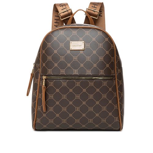 Mochila Feminina Rafitthy Média Monograma Marrom Bege