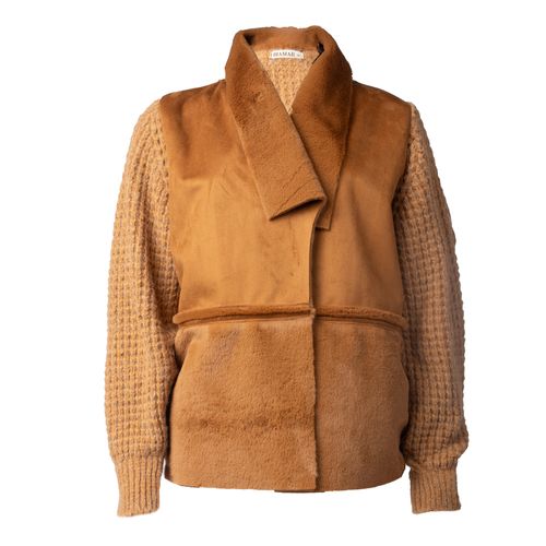 Casaco Feminino Biamar Tricot Recortes Pele Caramelo