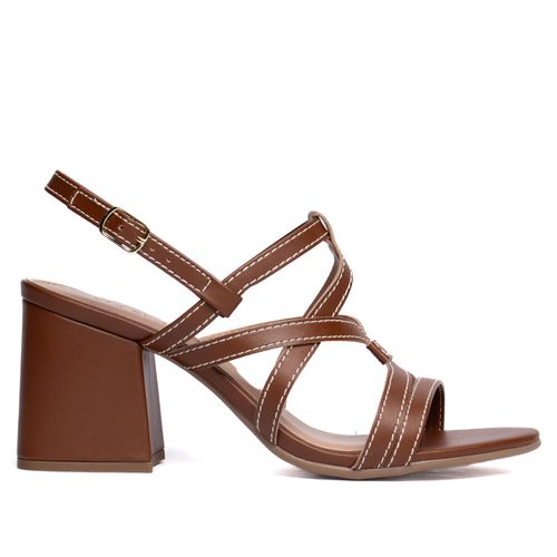 Sandália Feminina Salto Bloco Tiras Entrelaçadas Marrom