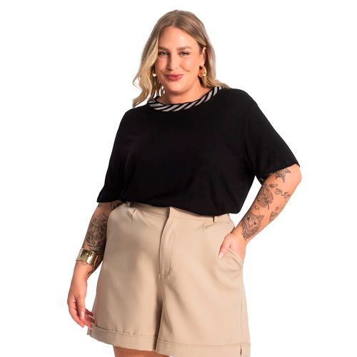 Blusa Feminina Secret Glam Plus Size Detalhe na Gola Off Preto