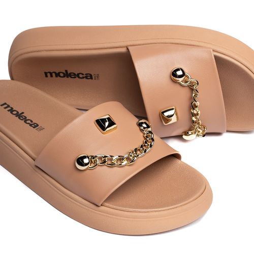 Chinelo Slide Feminino Moleca Flatform Detalhe Nude/Dourado