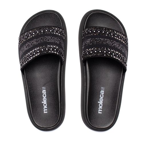 Chinelo Feminino Moleca Flatform Slide Pedrarias Preto