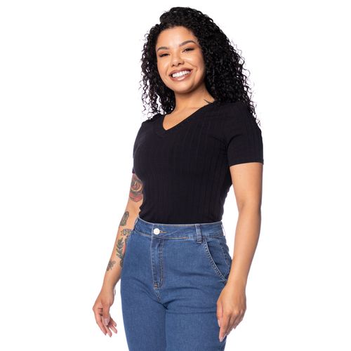 Blusa Feminina Cativa Canelada Básica Gola V Preto
