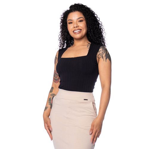 Blusa Feminina Cativa Regata Decote Quadrado Canelado Preto