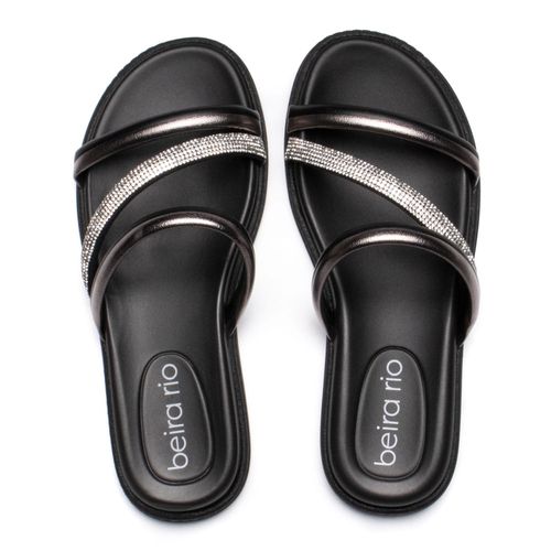 Chinelo Feminino Beira Rio Flatform Tiras Strass e Metalizado Preto