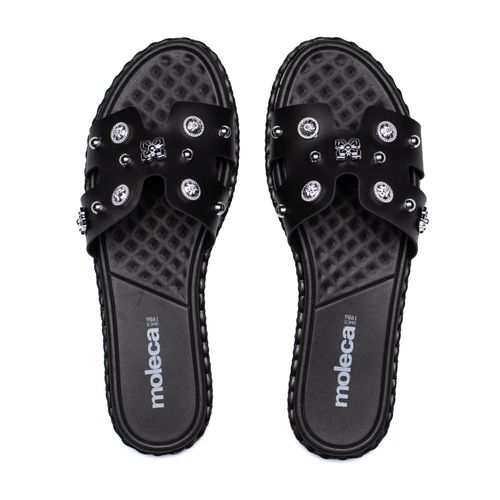 Rasteira Feminina Moleca com Recortes e Aplicações Preto