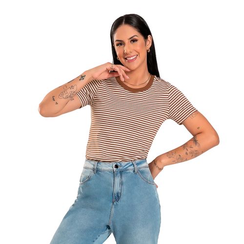 Blusa Feminina Cativa Listrada Marrom/Branco