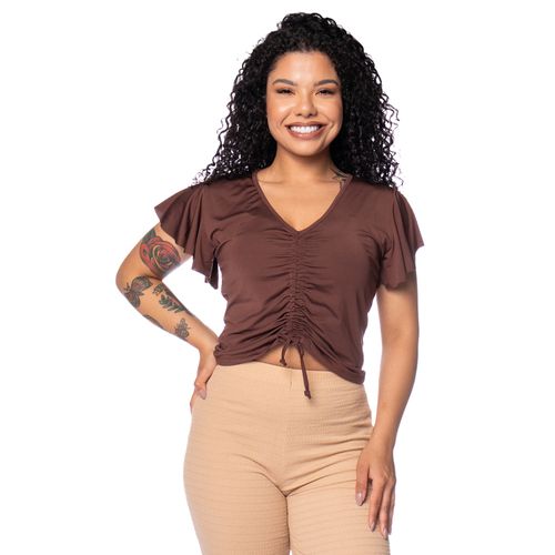 Blusa Feminina Babicat Manga Curta Franzida Marrom Escuro