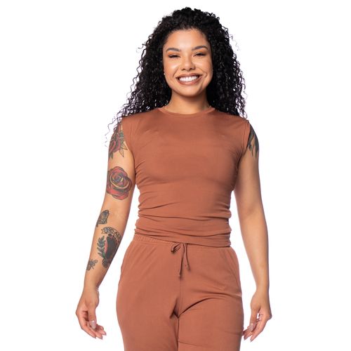 Blusa Feminina Babicat Drapeado Lateral Gola Careca Marrom