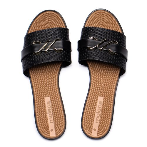 Rasteira Feminina Moleca Napa Pesponto Preto/Bege