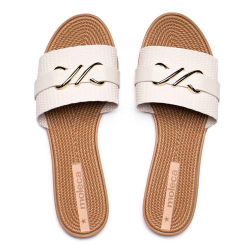 Rasteira Feminina Moleca em Napa com Pesponto e Detalhe Dourado Off White