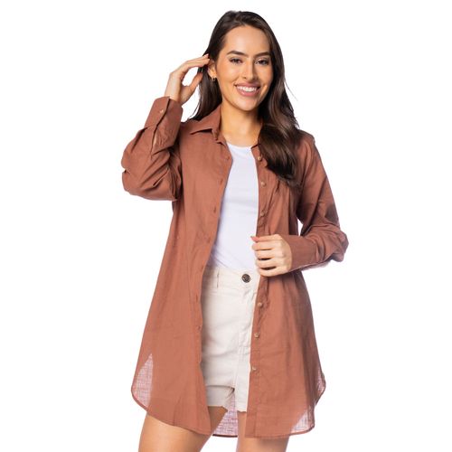 Camisa Chemise Feminina Milani Alongada em Algodão Marrom