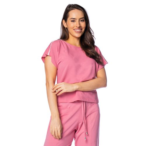 Blusa Feminina Giraffe Manga Curta com Filete na Manga Rosa
