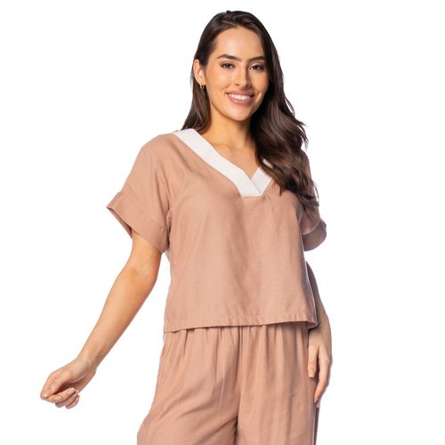 Blusa Cropped Feminina Giraffe Gola V Contrastante Marrom