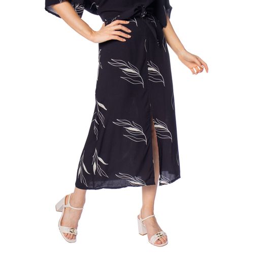 Saia Midi Feminina Giraffe Estampa Folhas com Fenda Preto