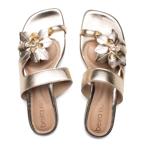 Rasteira Feminina Beira Rio Metalizada Flor Dourado