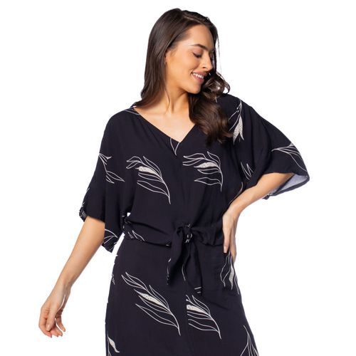 Blusa Feminina Giraffe Estampa Folhas com Amarração Preto