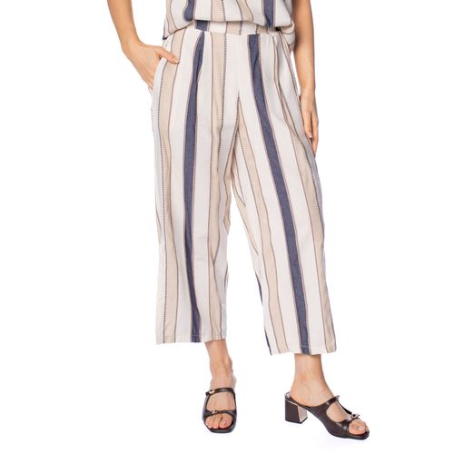 Calça Pantacourt Feminina Giraffe Listras Fenda Bege/marinho