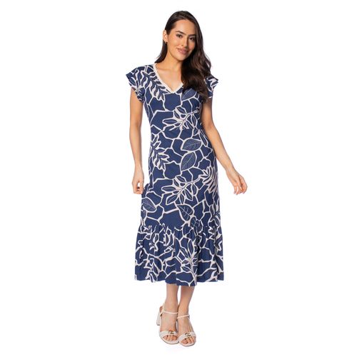 Vestido Midi Feminino Averzzy Estampa Folhas com Babado Azul
