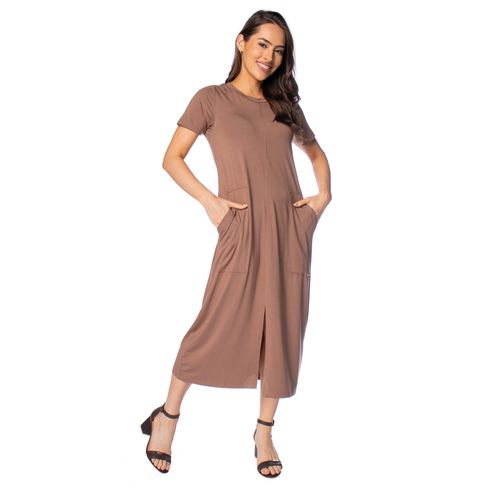Vestido Midi Feminino Olho Fatal Amplo com Bolsos Marrom