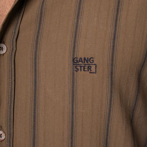 Camisa Masculina Gangster Manga Curta Algodão Listras Musgo