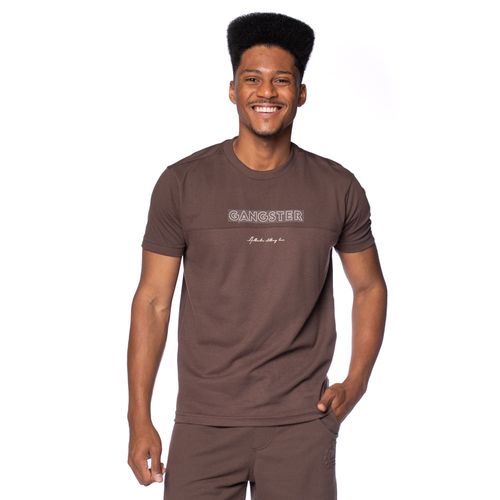 Camiseta Masculina Gangster Lettering Marrom/bege