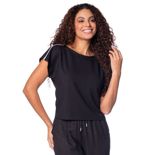 Blusa Feminina Giraffe Manga Curta com Filete na Manga Preto
