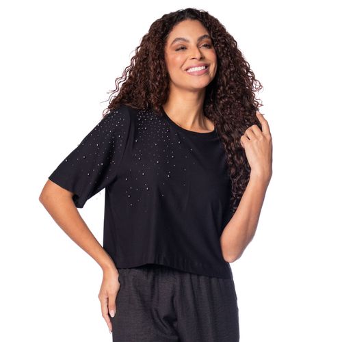 Camiseta Feminina Endless Viscose Com Strass Lateral Preto