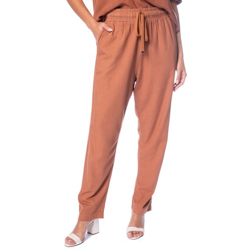 Calça Feminina Biamar Reta Cós Elástico Cordão Marrom
