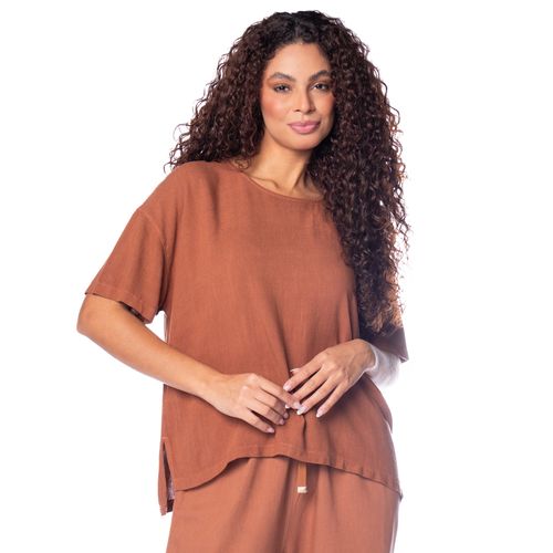 Blusa Feminina Biamar Oversized Mullet Viscose/Linho Marrom