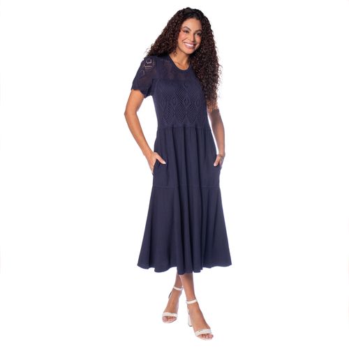 Vestido Feminino Biamar Midi Evasê Tricô Sarja Marinho